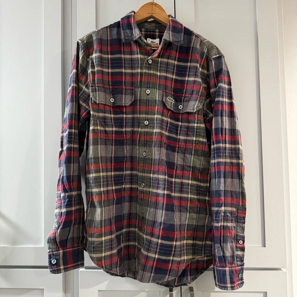 Lacoste Men’s‎ Plaid Flannel Button Down Casual Shirt Double Pocket sz 38 Small